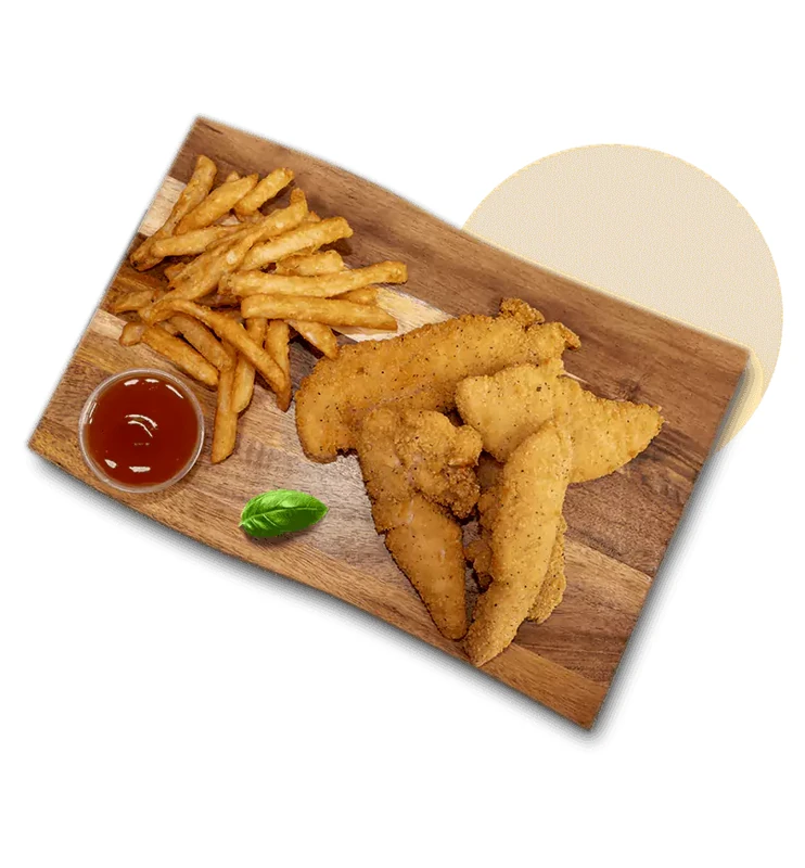 Breaded chicken strips with fries at Queen's Pizza & Wings in Hamilton, ON